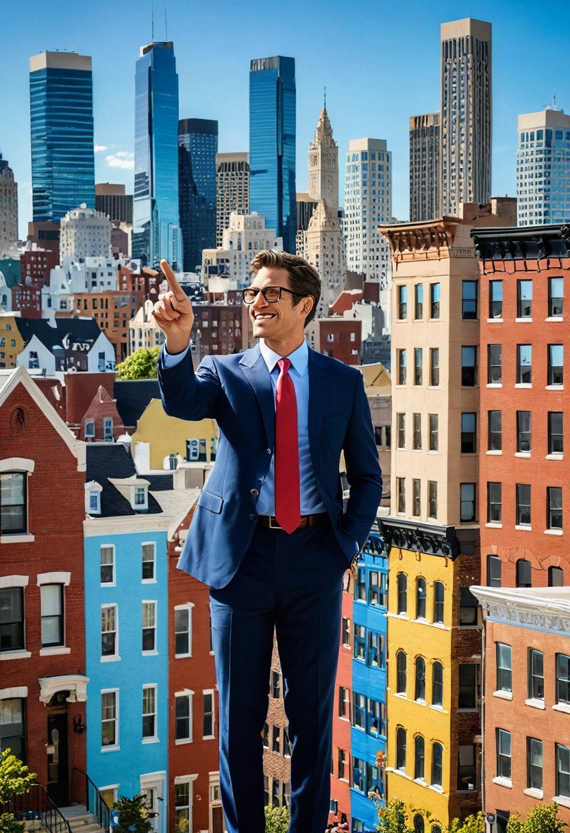 A dynamic city skyline with diverse housing styles, featuring a real estate agent interacting with clients. Incorporate elements like market graphs and houses with sold signs in the foreground. Use warm, inviting colors to convey success and optimism. Include a background of a bright blue sky to symbolize opportunity. super-realistic. vibrant colors.