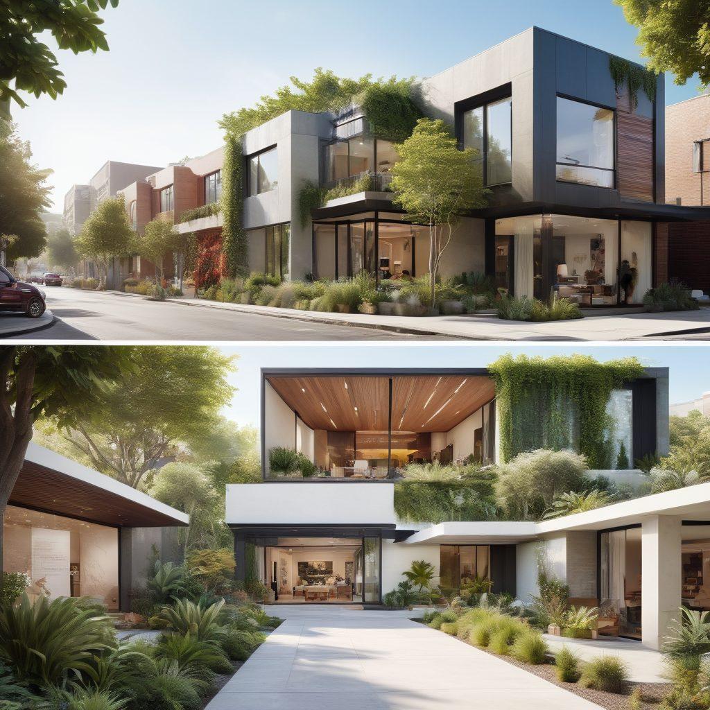 A visually engaging collage depicting a modern home rental on one side, transitioning into a bustling commercial property on the other. In the background, a diverse group of investors analyzing possibilities with maps and charts, while greenery and sunlight symbolize growth and opportunity. The scene should convey a sense of financial empowerment and exploration in urban settings. super-realistic. vibrant colors. white background.