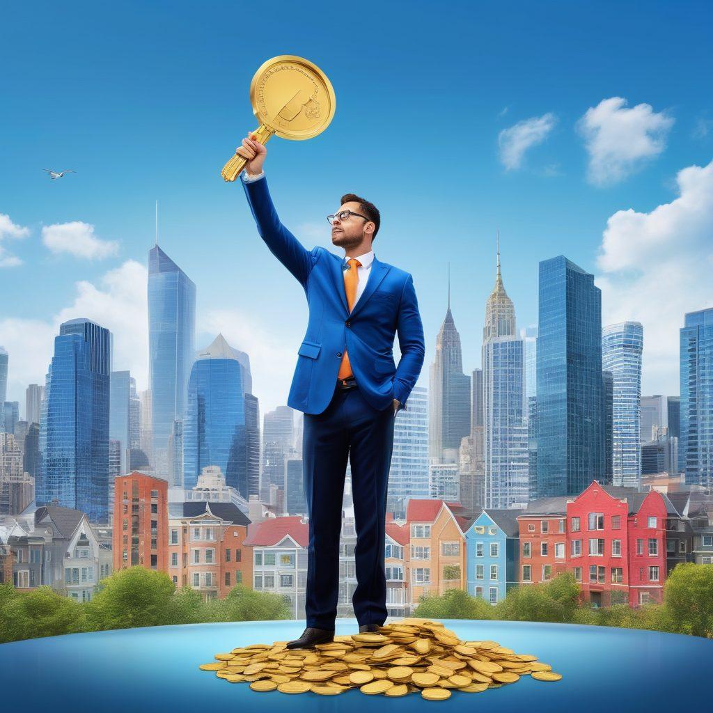 A modern city skyline with diverse real estate properties, like apartments and houses, under a bright blue sky. In the foreground, a confident investor holding a key, symbolizing unlocking opportunities, surrounded by gold coins and graphs showing rising trends. Insert visual elements like magnifying glasses and question marks, representing discovery and knowledge. vivid colors. super-realistic. urban theme.
